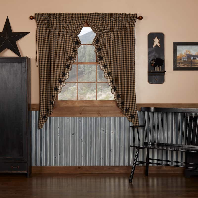 Primitive Curtains VHC Star Short Prairie Panel 63x36x18 Pair Rod Pocket Cotton Appliqued - Prairie Panel 63x36
