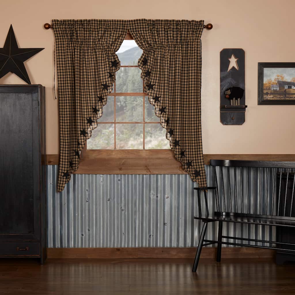 Primitive Curtains VHC Star Short Prairie Panel 63x36x18 Pair Rod Pocket Cotton Appliqued - Prairie Panel 63x36