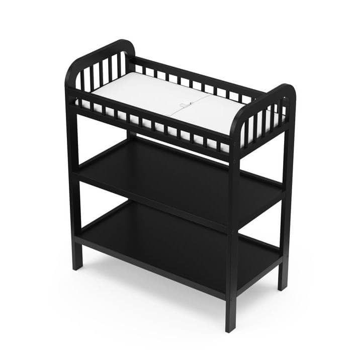 Black Wooden Baby Changing Table with Safety Rail and Water-Resistant Pad for Nursery - 39”H x 33.75”W x 18”D