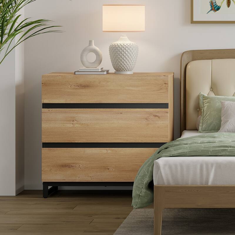 WAMPAT Nightstand with 3 Drawers for Bedroom, Modern Bedside Table with Black Square Iron Leg, Wood Rustic Side Table