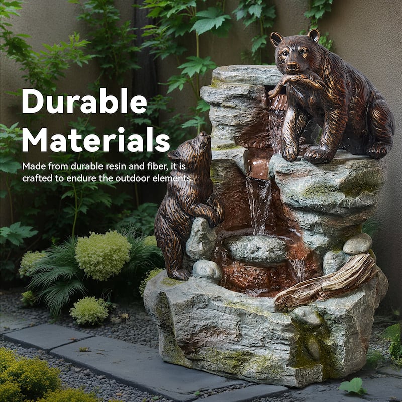 Vbal 3-Tier Outdoor Fountain with 2 Climbing Bears – Polyresin Rainforest Water Feature with Weather-Resistant