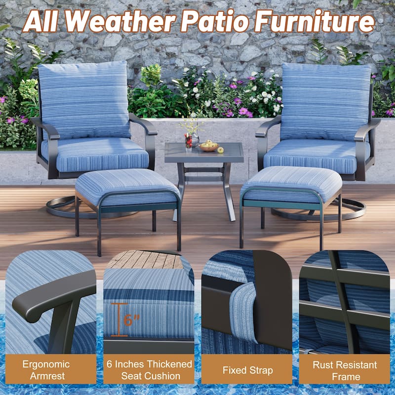 EROMMY Patio Set: 360° Swivel Rockers, Sofa, Ottomans & Table – Outdoor Conversation Set for Poolside, Garden & Deck