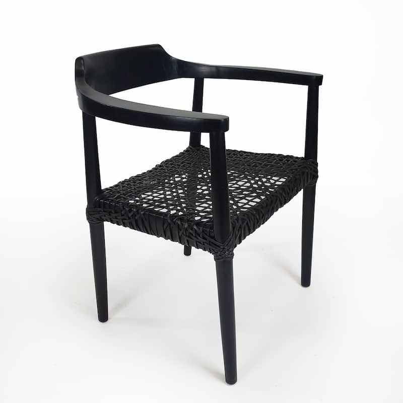 Erline Teak Wood Weaved Leather Seat Accent Chair Armchair - Black