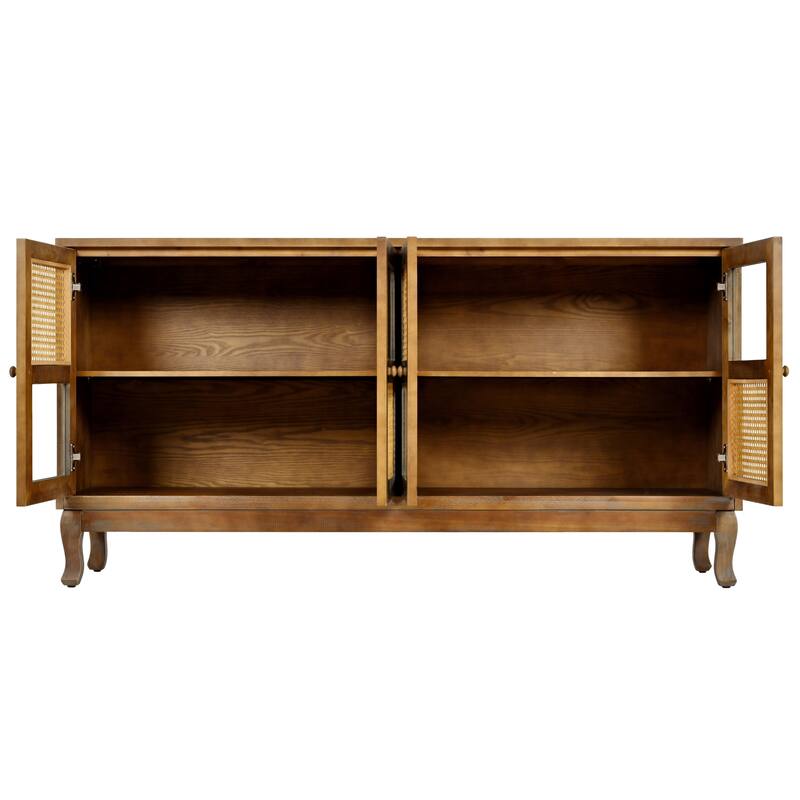 Retro 4-Door Sideboard with Artificial Rattan Doors & Transparent Glass