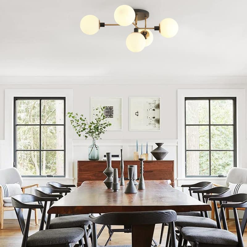 Matte Black 5-Light Semi Flush Mount Close to Ceiling Light with White Glass Shades