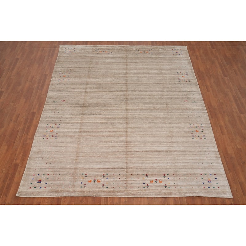 Hand Knotted Oriental Viscose Silk Carpet Tribal Animal Pictorial Beige & Ivories Gabbeh Area Rug - 11' 7'' X 9' 1''