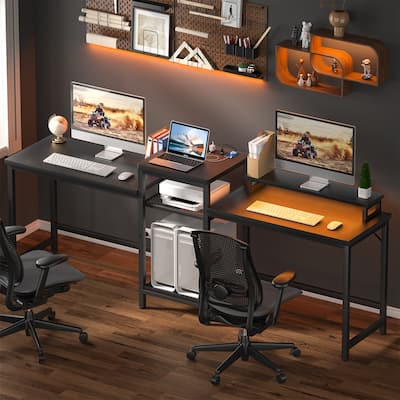 2 Person Computer Desk with LED Light and Power Outlet, Double Gaming Desk with Shelves