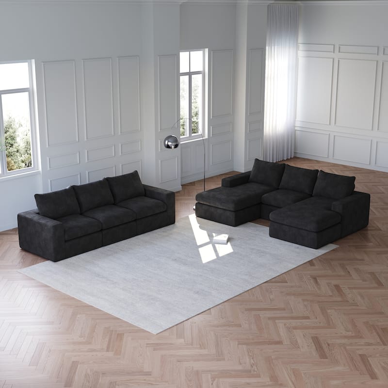 Roomfitters Modern 3-Seater Corduroy Cloud Sectional Sofa with Chaise, L-Shaped Boneless Couch with Pillows