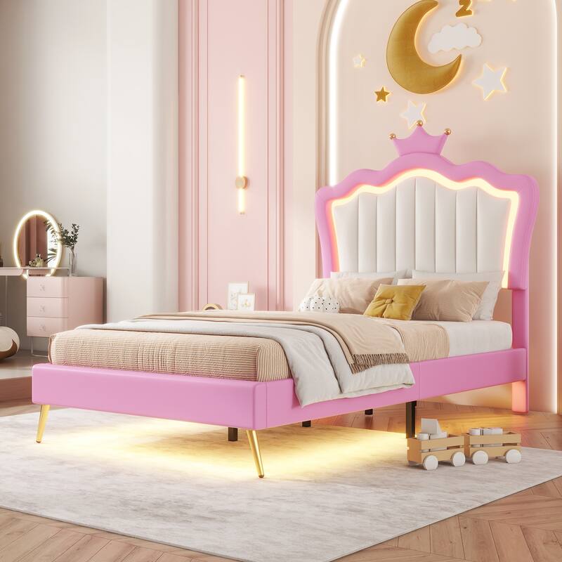 Twin Size Upholstered Princess Bed with Crown Headboard and LED Lights, Pink and White