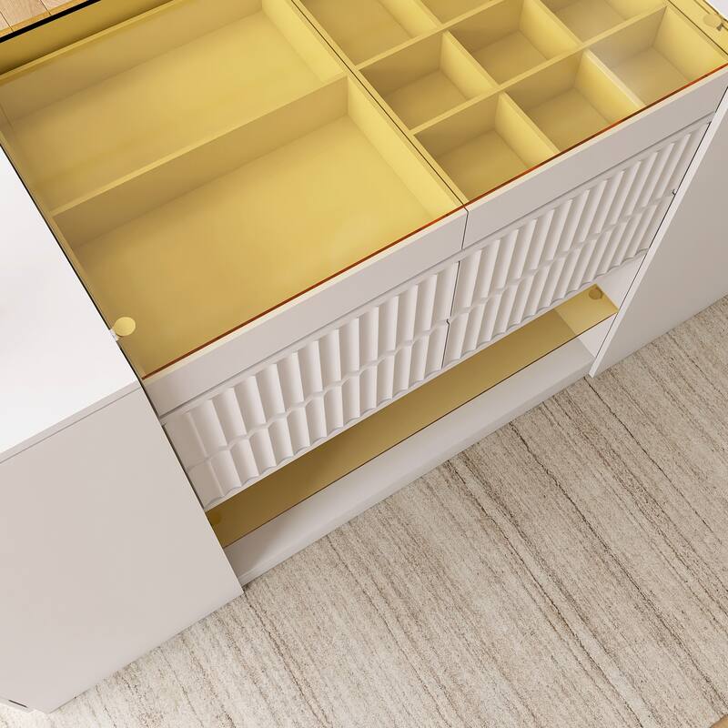Cream White 6 drawer 60.40 in. Wide Dresser with Glass Tabletop
