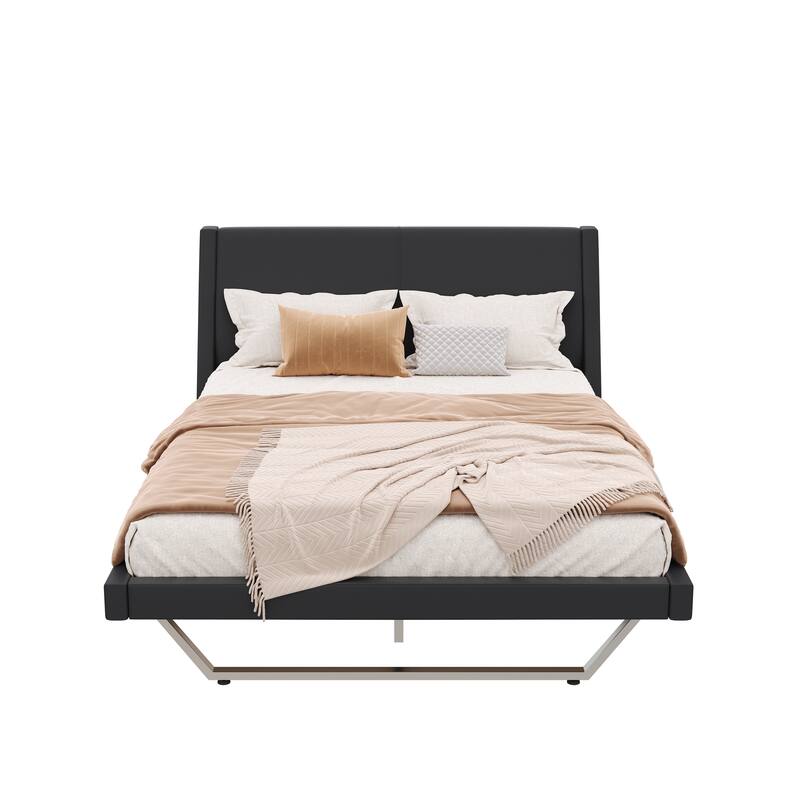 Wave-Like Curve Design Platform Bed Pu Leathe Upholstered Bed Frame Wooden Slat Support