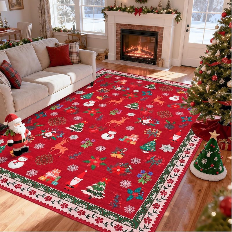 Washable Christmas Area Rug for Bedroom Holiday Decor - 1'6" x 2'6" - Red 9*12ft