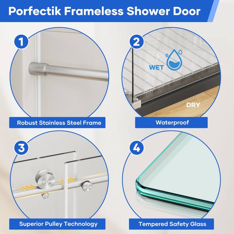 56"-60" W x 74" H Single Sliding Frameless Shower Door 8mm Thickened Tempered Glass Stainless Steel Hardware