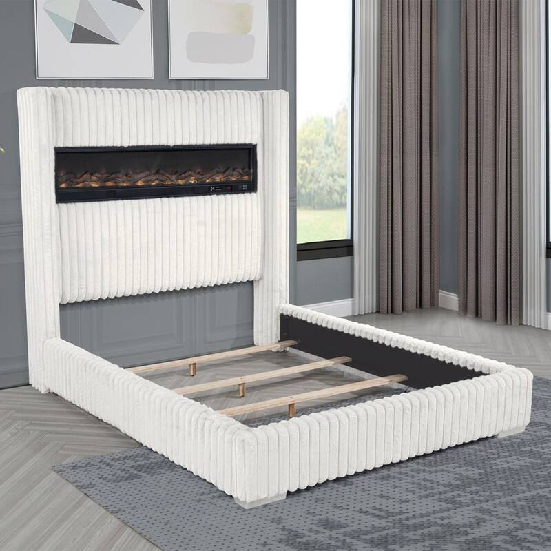Best Master Furniture Noemie Luxe Modern Upholstered Velvet Panel Bed with Integrated Fireplace Display