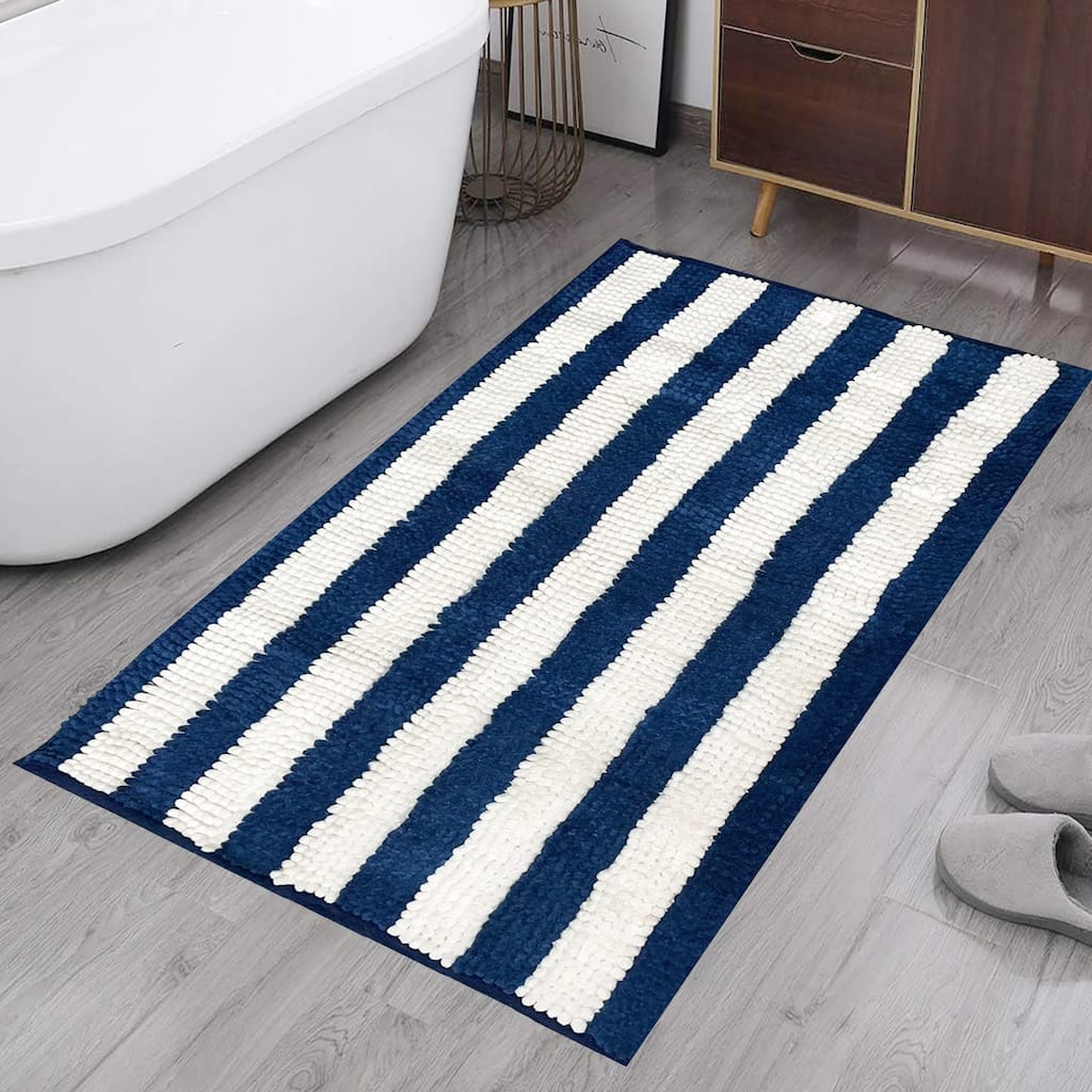 30"x20" - Blue White Stripe Soft Cozy Plush Chenille Bath Mat Bathroom Rug