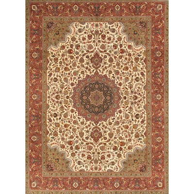 Tabriz Collection Hand-Knotted Ivory/Rose Silk & Wool Rug (9'10" X 13' 8") - 10' x 14'