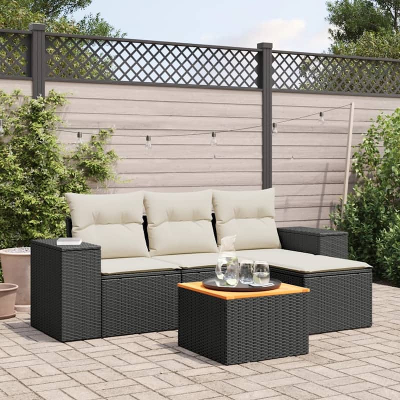 vidaXL Patio Sofa Set with Cushions Outdoor Furniture 5 Piece Poly Rattan - 21.7 x 21.7 x 14.6 - Black and cream 5 Piece Set