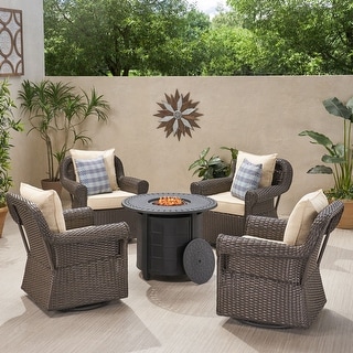 Amaya Outdoor 4 Seater Wicker Swivel Chair and Fire Pit Set by Christopher Knight Home
