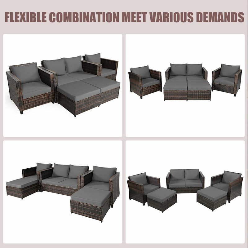 5 Pieces Patio Cushioned Rattan Furniture Set - 50" x 30.5" x 29" (L x W x H)