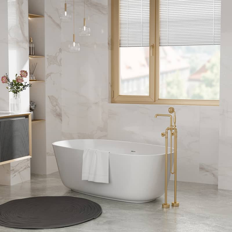 Modland 42''H Floor Mount Bathtub Faucet Freestanding Tub Filler With Handheld Shower In Black / Gold