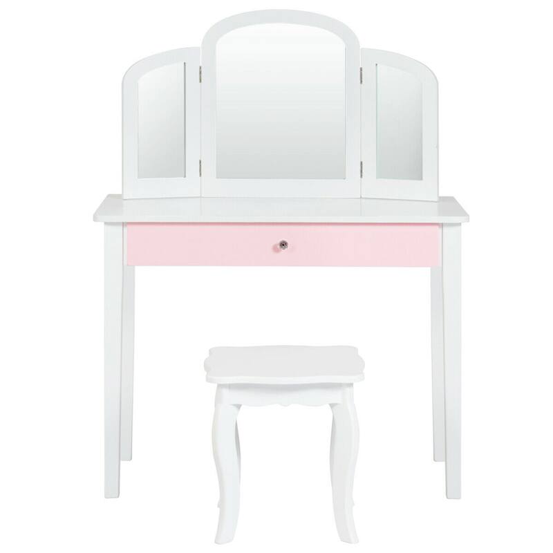Gymax Kids Vanity Princess Make Up Dressing Table W/ Tri-folding - See Details