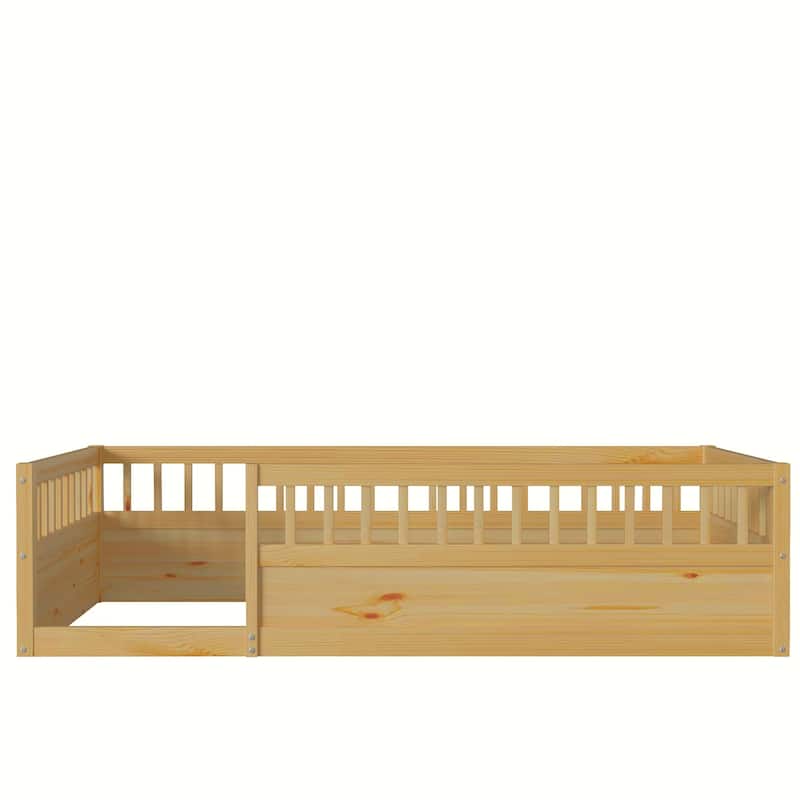 Kids Floor Bed Frame Toddler Montessori Low-Profile Floor Bed with Solid Wood Baffle Fence, No Slats No Door for Children's Room
