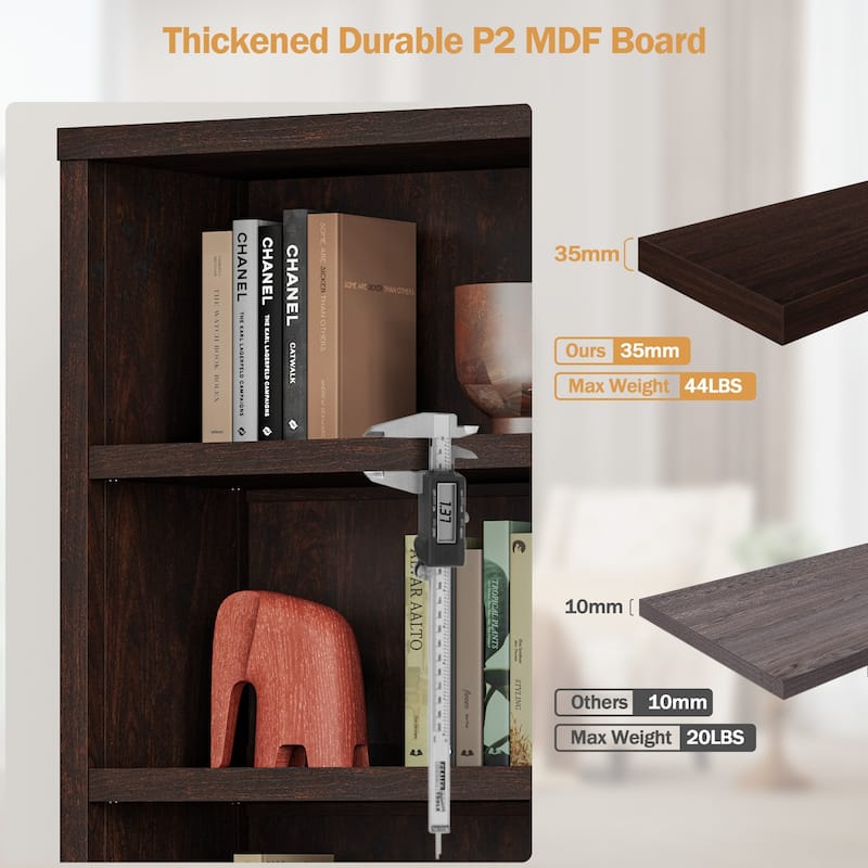 SICOTAS 5 Tier Adjustable Bookcase with Rattan Storage Cabinet