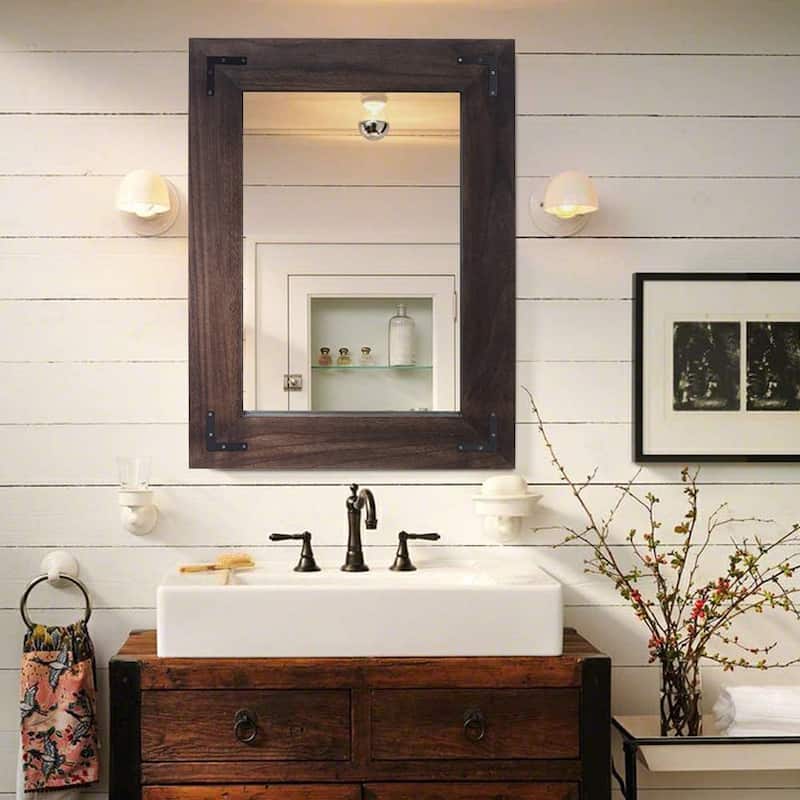 Rustic Wooden Framed Wall Mirror, Natural Wood Bathroom Vanity Mirror - 32" x 24" - Black
