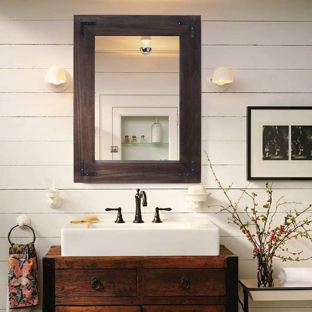 Rustic Wooden Framed Wall Mirror, Natural Wood Bathroom Vanity Mirror - 32" x 24" - Black