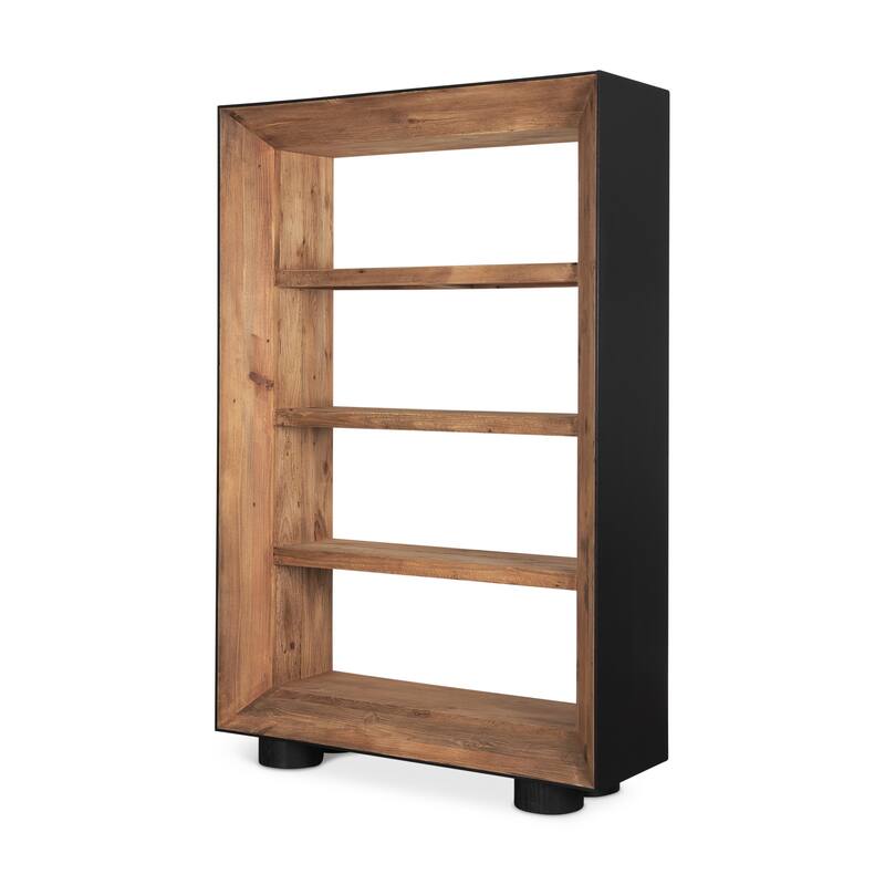 HomeRoots 72" Black And Natural Distressed Solid Wood Three Tier Bookcase