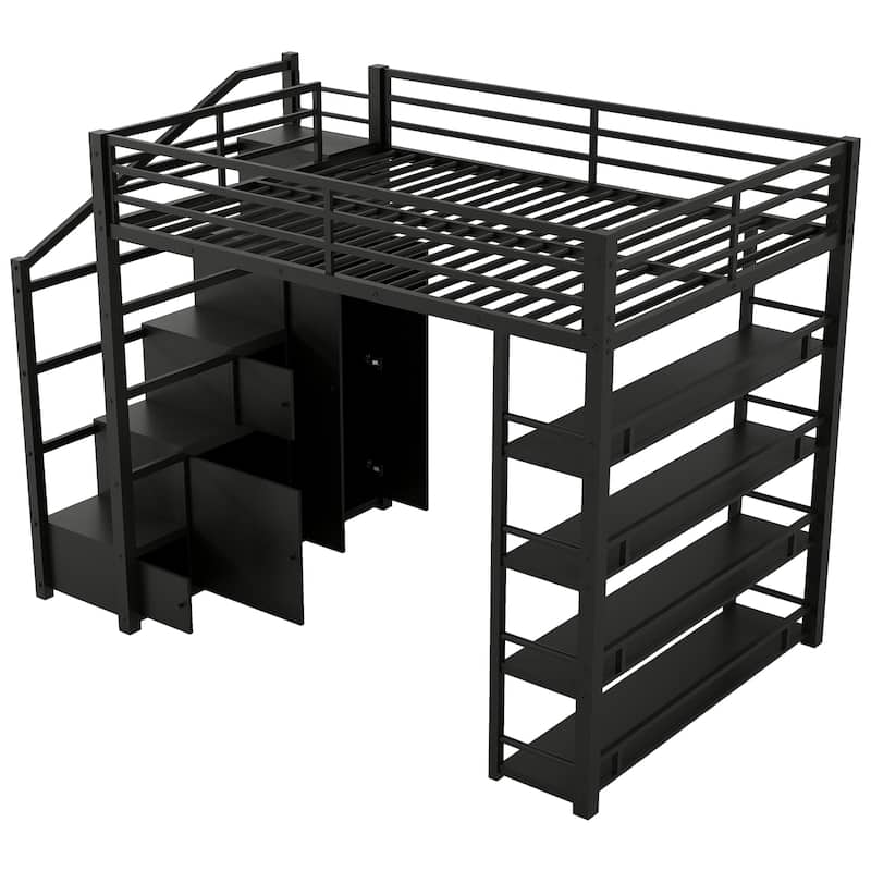Full Size Metal Loft Bed Frame with Storage Shelves, All-in-one Cabinets and Wardrobe Storage Stairs, Black