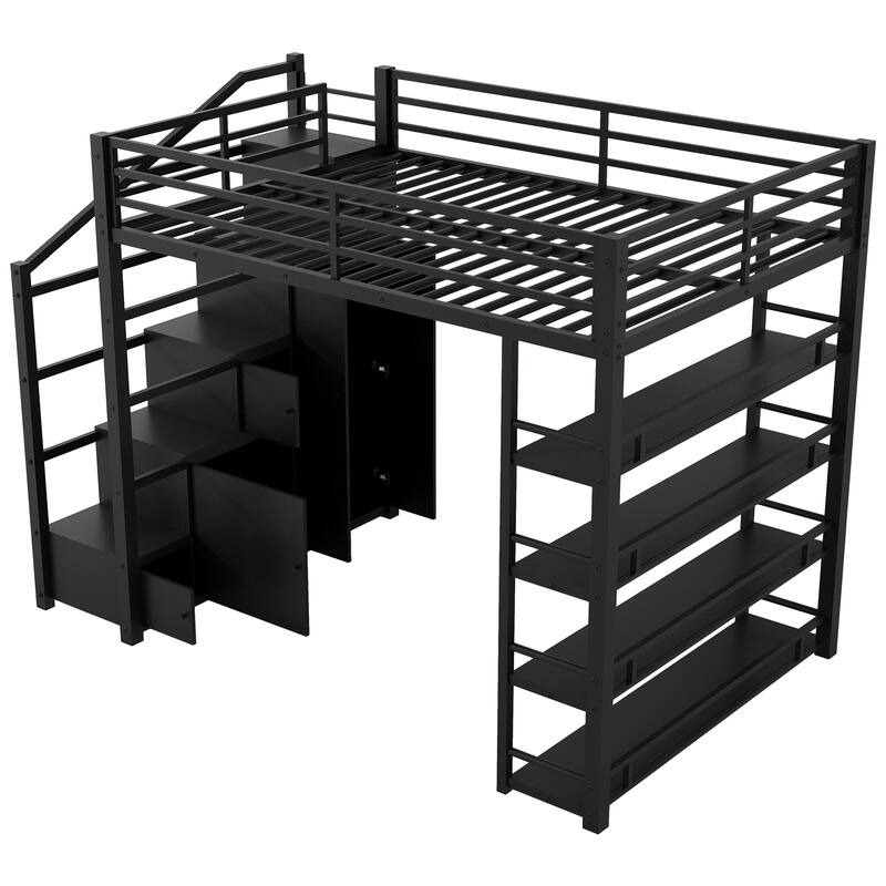 Roomfitters Full Size Metal Loft Bed with Desk, Wardrobe and Storage Staircase, Black