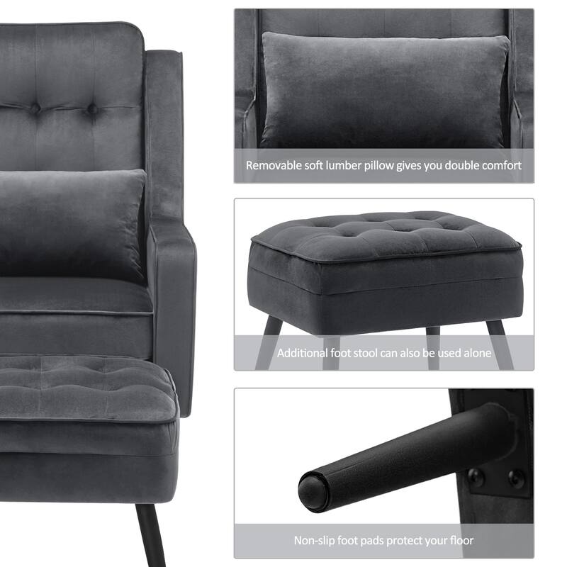 MCombo Modern Accent Club Chair with Ottoman, Velvet Upholstered Armchair with Lumbar Pillow 4278