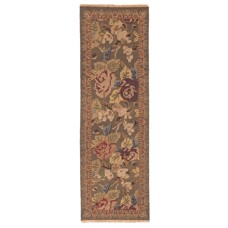 ECARPETGALLERY Flat-Weave Lahor Finest Dark Olive Green Wool Tapestry Kilim - 2'5 x 7'7