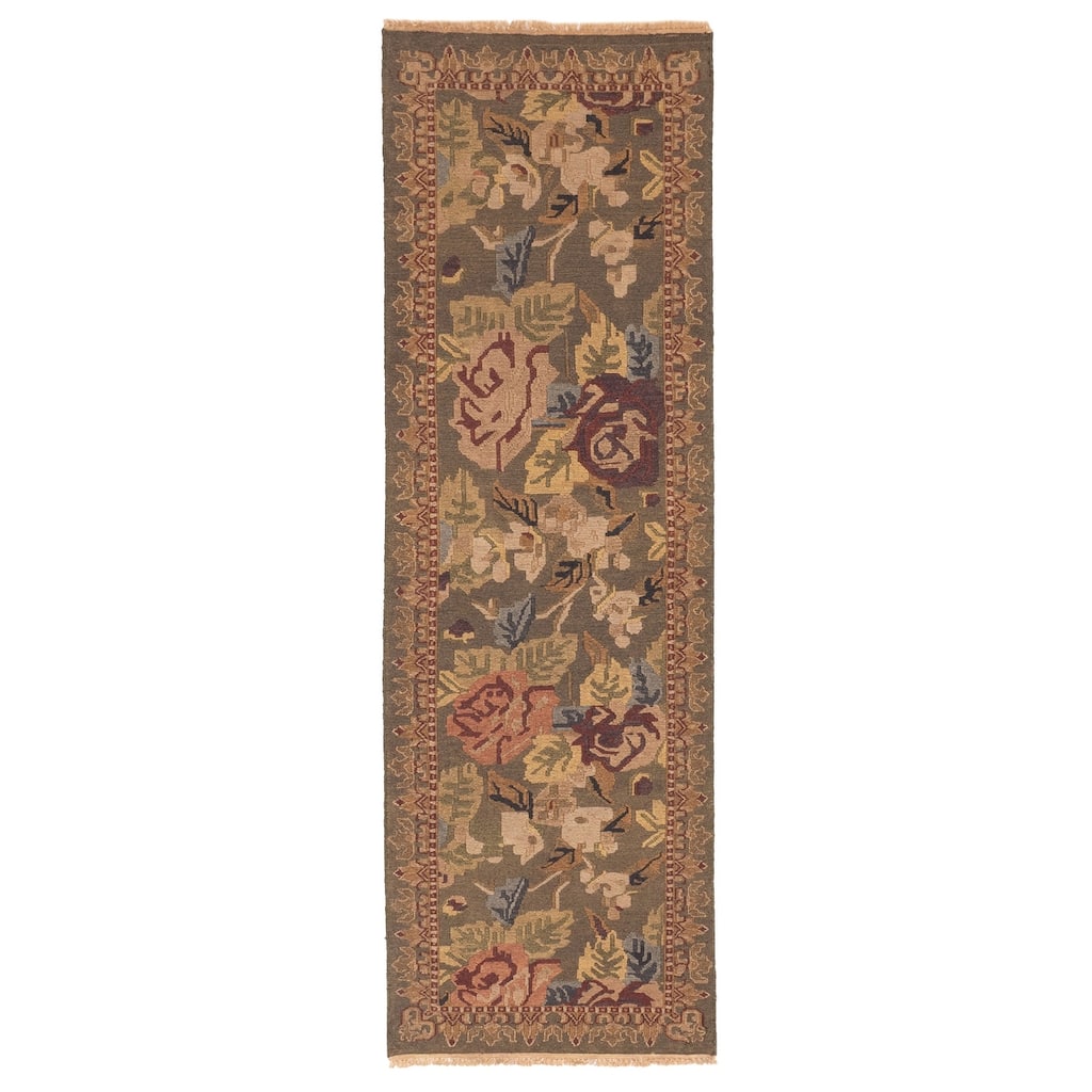 ECARPETGALLERY Flat-Weave Lahor Finest Dark Olive Green Wool Tapestry Kilim - 2'5 x 7'7