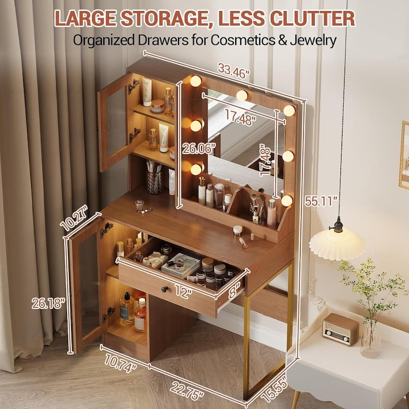 Vanity Desk, Makeup Dressing Table with LED Lights, Mirror, Built-in Outlets & USB Ports
