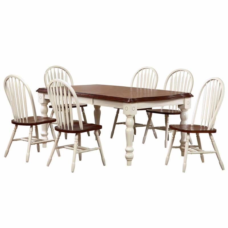 Extendable Dining Set 7 Piece - 56-72" Table & 6 Retro Chairs - Antique White & Chestnut Brown Wood