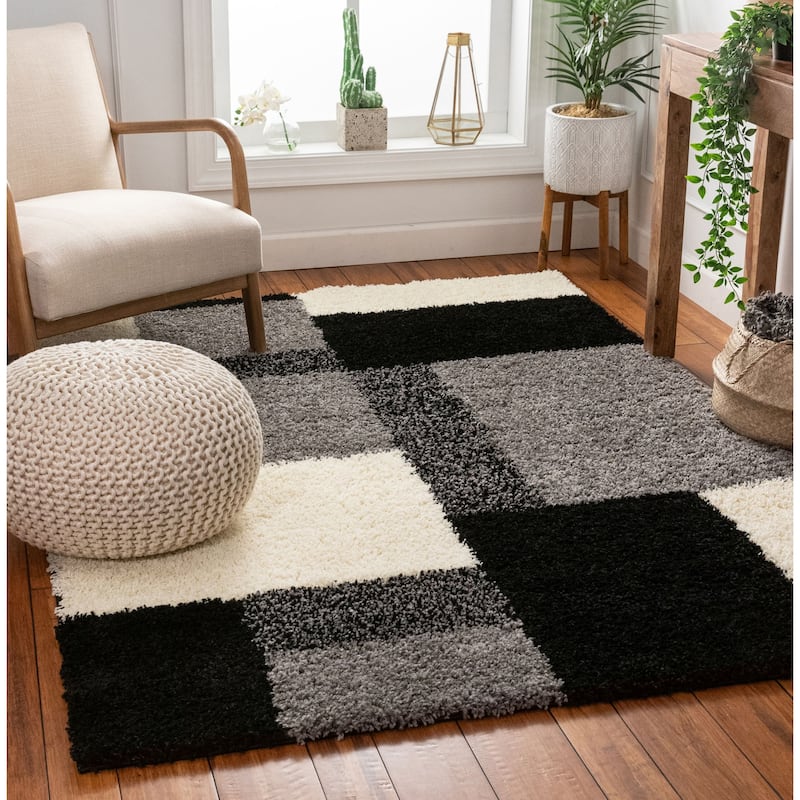 Well Woven Shag Plush Black Grey Ivory Modern Geometric Boxes Area Rug - 6'7" x 9'10"/6'7 x 9'10
