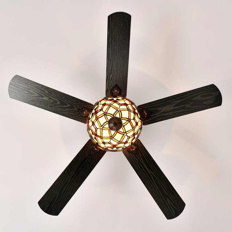 Parponk 52-Inch Flushmount Two-Tiered Lighted Ceiling Fan Green Hatch Tiffany Glass Lamp Black Finish