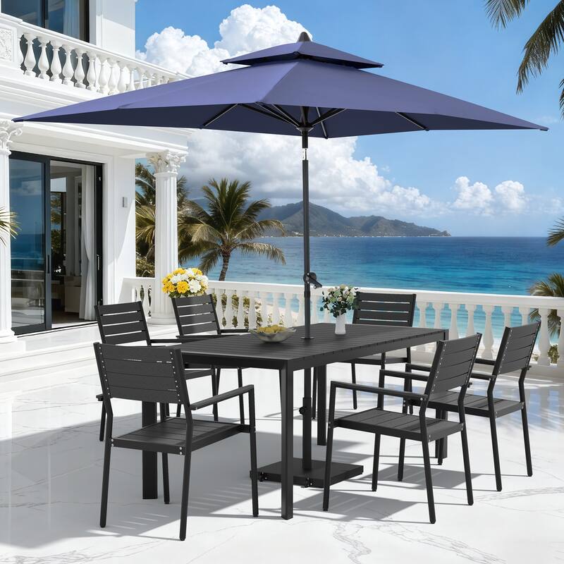 9-PCOutdoor Patio Dining Set Wood Like Aluminum Umbrella Hole Table with Stackable Armchairs, Market Umbrella and Wheel Base - BlackTable&BlackChairs&NavyBlueUmbrella