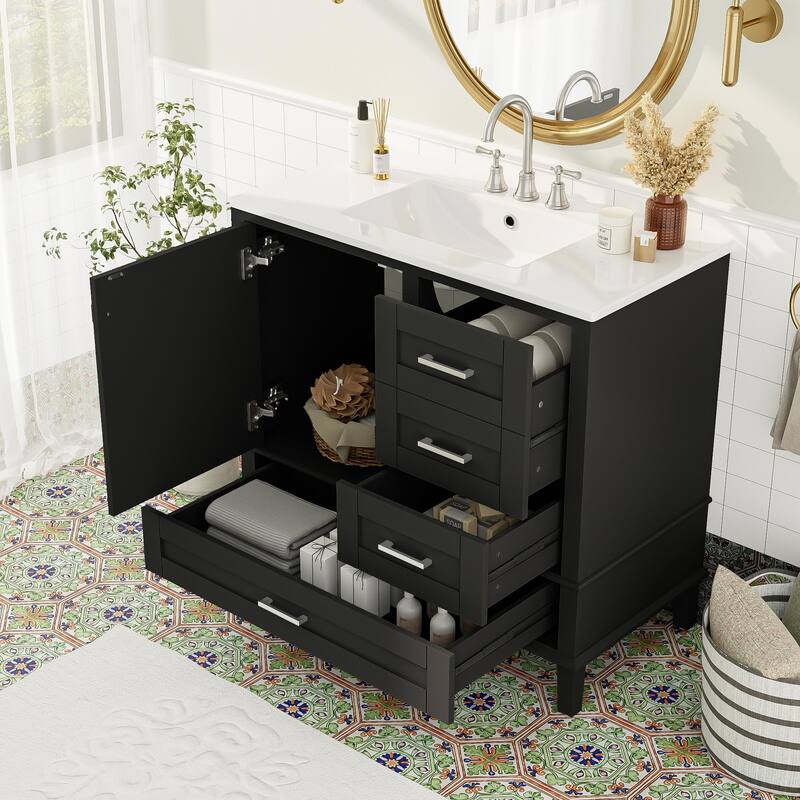 36" Bathroom Vanity with Solid Pine Frame, 1 Soft Close Door and 3 Drawers, Modern Storage Cabinet - Black