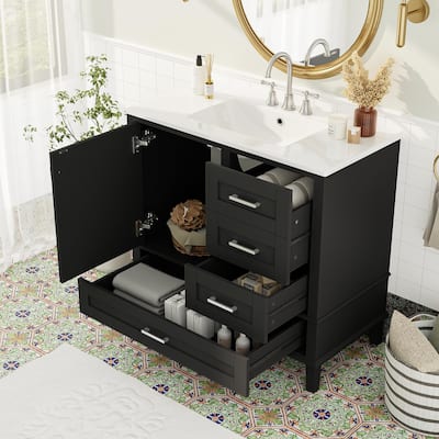 36" Bathroom Vanity with Solid Pine Frame, 1 Soft Close Door and 3 Drawers, Modern Storage Cabinet