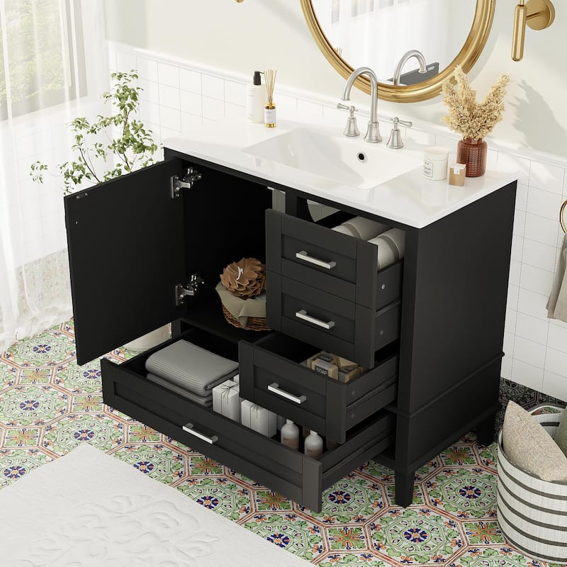 GDFStudio - Aurea Wood & Ceramic 36" Bathroom Vanity with Sink, Soft-Close Door & 3 Drawers