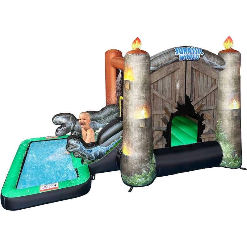 Jurassic World Dinosaur Bounce House Water Slide with Pool, Outdoor Bouncy Castle with Ball Pit for Kids Ages 3-8
