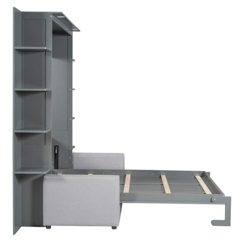 Queen Size Murphy Bed with Sofa, Folding Bed Frame Cabinet Wall Bed with Shelves and Top Lights