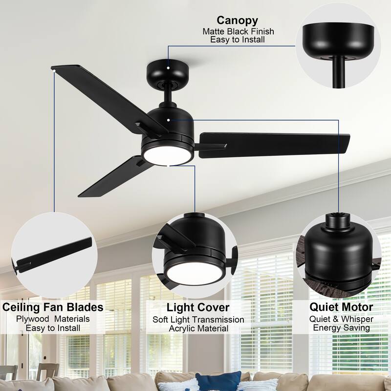 YUHAO Kaleido 48 in. Indoor Matte Black Ceiling Fans with 3-Colors Integrated LED and Dual-Finish Blades