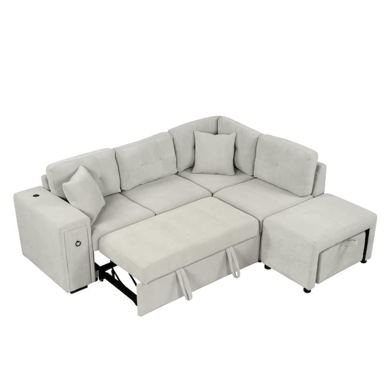 86.6" Chenille L-Shape Sleeper Sectional 4-Seat Convertible Sofa with Ottoman, USB Ports and Cup Holders