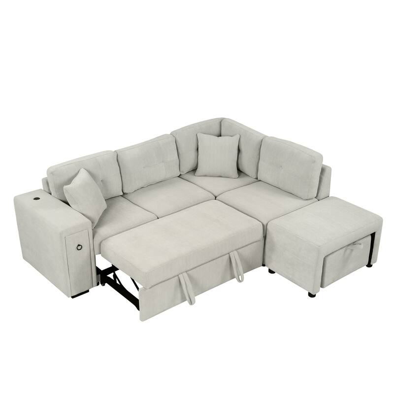 Convertible Sectional Sofa Bed with Ottoman, Chenille L-Shaped Pull Out Couch with Drawer 2 USB Ports & 2 Cup Holders