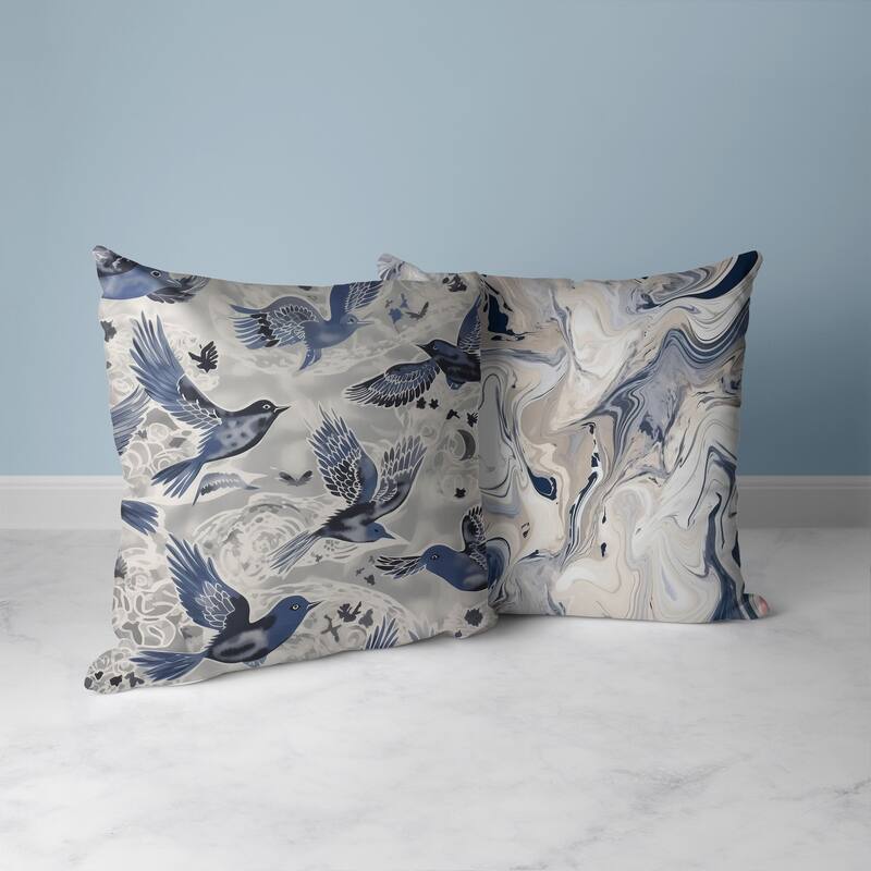 Inferno Songbirds Faux Suede Reversible Throw Pillow Silver and Blue
