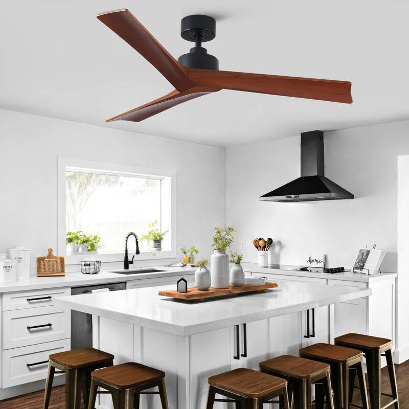 YUHAO SylvanAir Modern 52 in. Flush Mount Outdoor/Indoor Ceiling Fan with 3 Solid Wood Blades and DC Reversible Motor